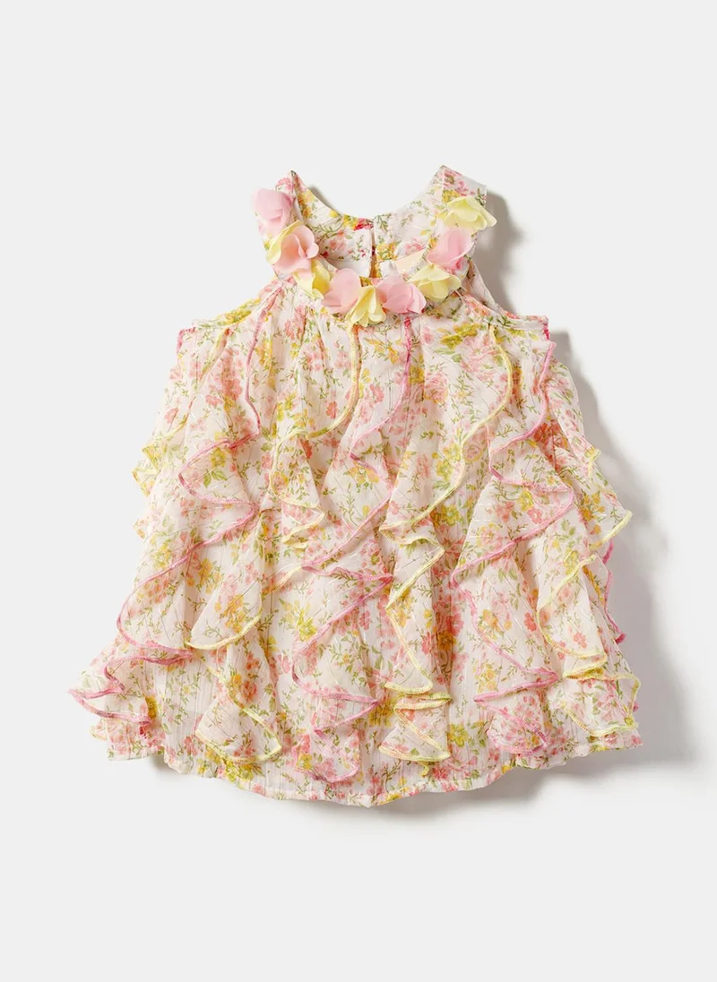 Nautinati Girls' Chiffon All-over Floral Print & Applique Ruffle A-Line Dress with Silver Zari